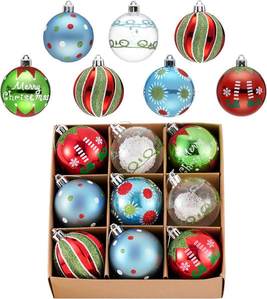 Valery Madelyn Christmas Ball Ornaments, 9ct Elf Red Green White Shatterproof Christmas Tree Decorations Set, 2.36 Inch Whimsical Decorative Hanging Ornament Bulk for Xmas Holiday Party Decor