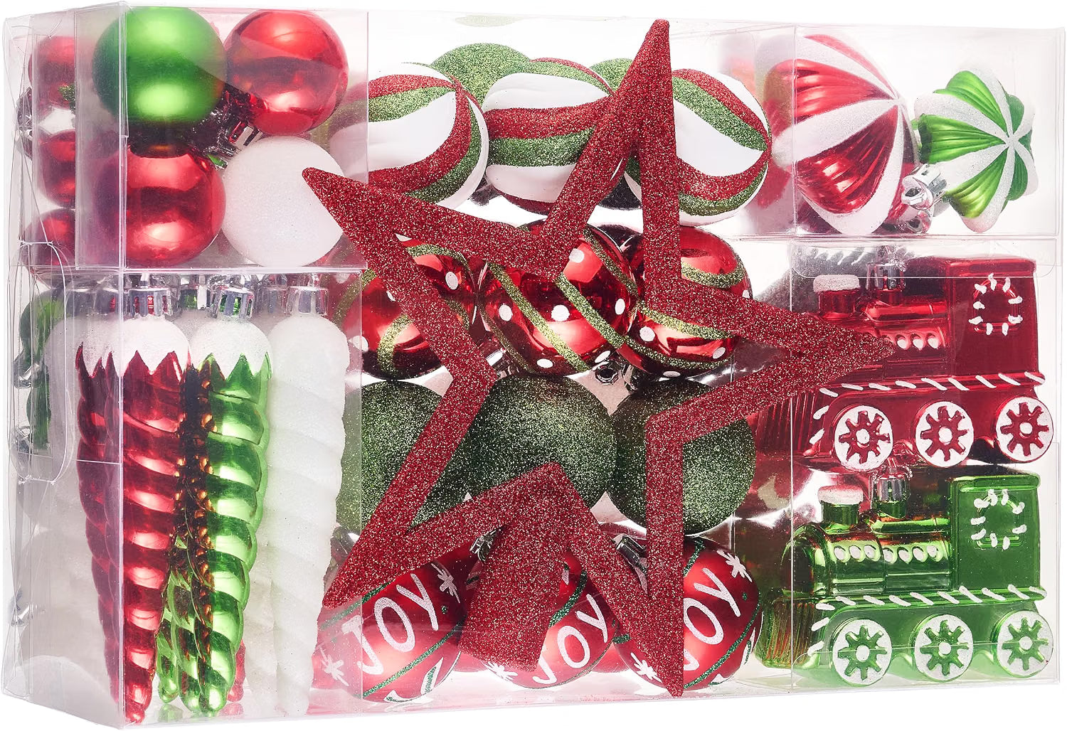 Valery Madelyn 100ct Christmas Ornaments Tree Decorations Set Joyful Red Green White Shatterproof Hanging Ball Ornaments, Whimsical Variety Xmas Tree Bulk Indoor Holiday Party Decor