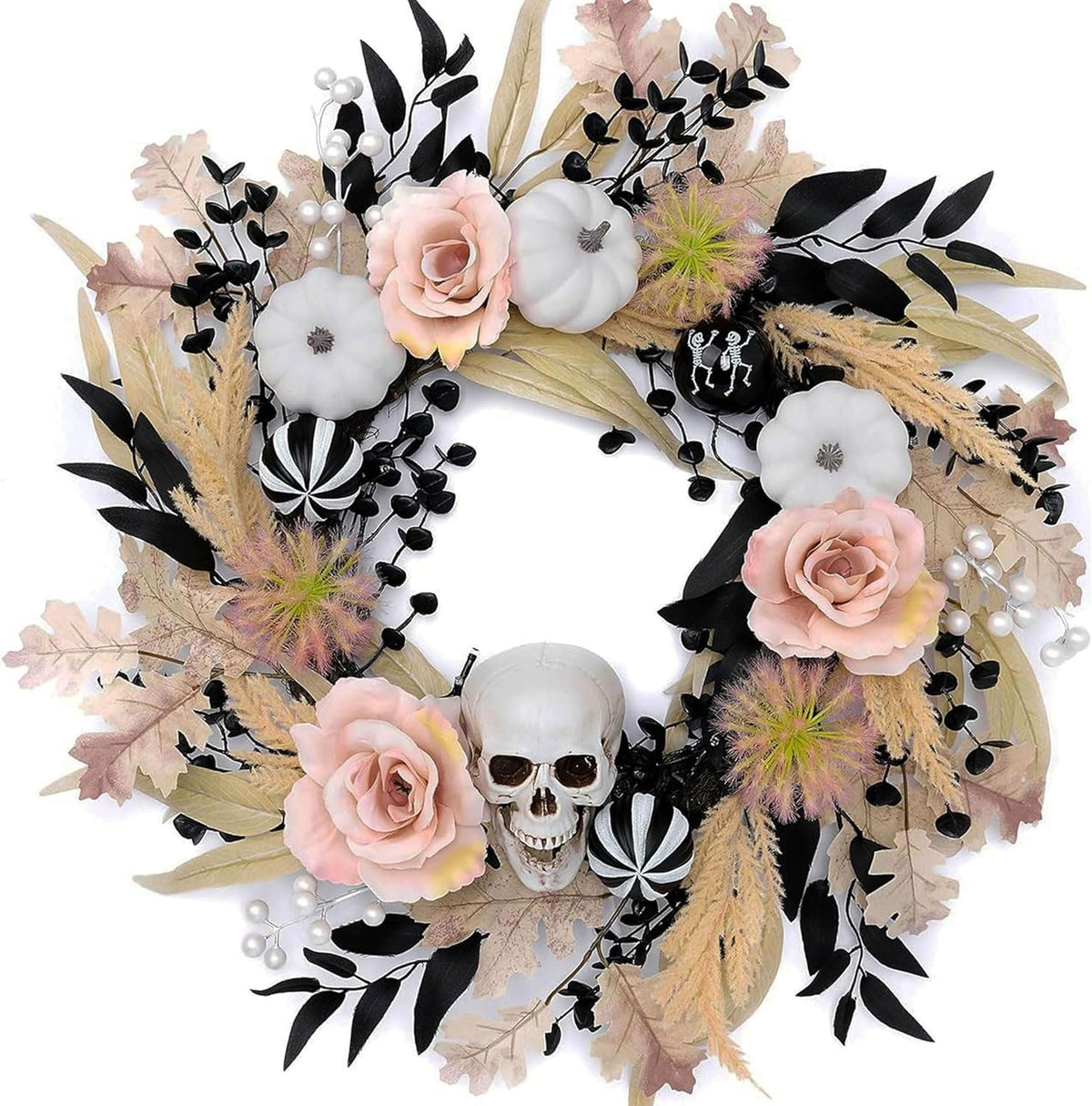 Valery Madelyn 24 Inch Collapsible Halloween Wreath for Front Door with Lights, Pre-Lit Fall White Pumpkin Skull Wreath Pink Roses Halloween Decorations Indoor for Table Centerpiece Autumn Decor