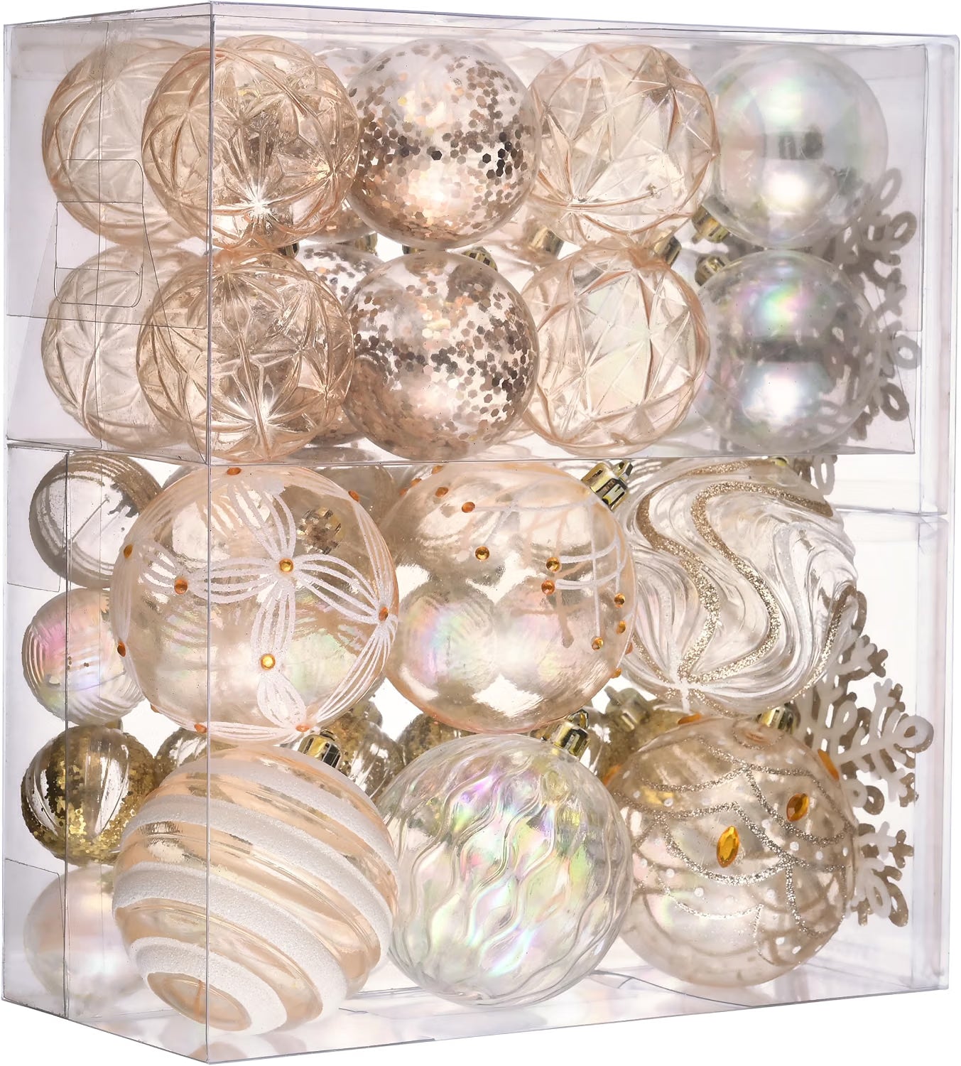 Valery Madelyn 50ct Christmas Ball Ornaments Tree Decorations Set Transparent Clear Champaign Gold Shatterproof Hanging Ornaments, Variety Xmas Tree Bulk Indoor Holiday Party Decor