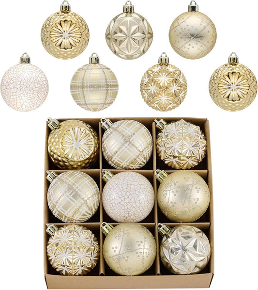 Valery Madelyn Ornaments for Christmas Trees, 9ct 2.36 Inches White and Gold Shatterproof Christmas Tree Decorations, Luxury Hanging Ball Ornaments for Xmas Holiday Party Decor