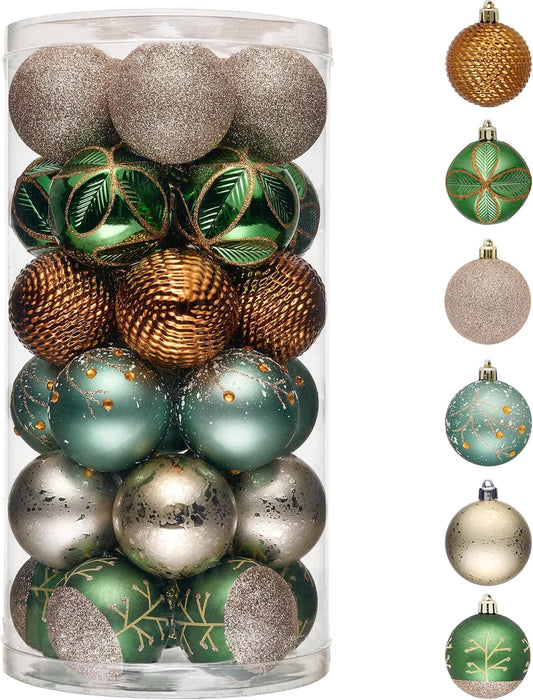 Valery Madelyn Christmas Tree Decorations, 30ct 2 Inches Green Brown and Gold Shatterproof Christmas Ornaments Set, Woodland Bronze Hanging Ball Ornaments Bulk for Xmas Holiday Party Decor