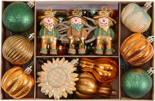 Valery Madelyn Fall Ornaments Tree Decorations for Home, 50ct Scarecrow Shatterproof Fall Ornaments for Small Tree, Orange Green Hanging Thanksgiving Autumn Harvest Christmas Ball Pumpkin Decor