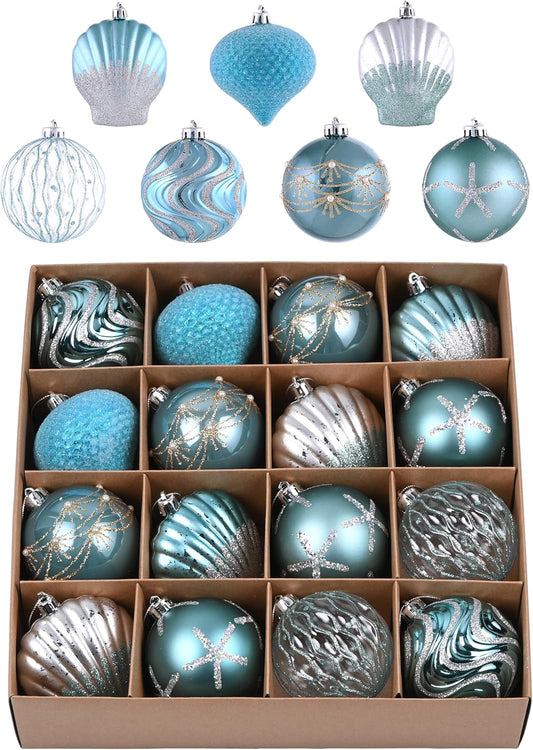 Valery Madelyn Summer Beach Tree Ornaments Set, 16ct Light Blue and Silver Shatterproof Christmas in July Decorations Balls Bulk, 2.36 Inches Coastal Ocean Nautical Marine Hanging Xmas Holiday Decor