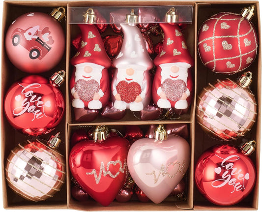 Valery Madelyn Pink Christmas Ornaments Set for Valentines Day Tree Decorations, 40ct Pink Red and Gold Shatterproof Christmas Heart Gnome Valentines Ball Ornaments Hanging Decor for Holiday Party