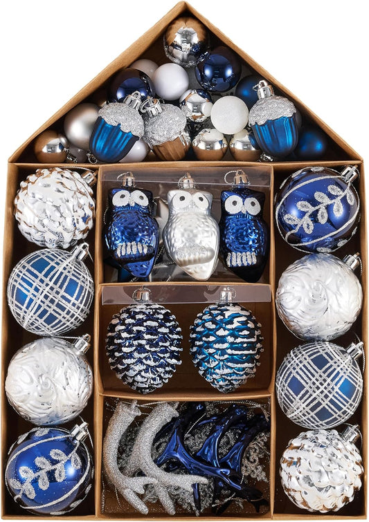 Valery Madelyn Ornaments for Christmas Trees, 70ct Navy Blue and Silver Shatterproof Christmas Tree Decorations, Woodland Hanging Ball Ornaments Bulk for Thanksgiving Autumn Harvest Decor