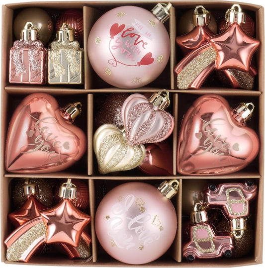 Valery Madelyn Pink Christmas Ornament Set for Valentines Day Tree Decorations, 35ct Pink Rose and Gold Shatterproof Christmas Heart Valentines Ball Ornaments Hanging Decor for Holiday Party