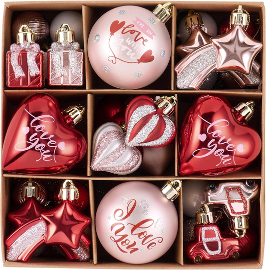 Valery Madelyn Pink Christmas Ornaments Set for Valentines Day Tree Decorations, 35ct Pink Red and Silver Shatterproof Christmas Heart Valentines Ball Ornaments Hanging Decor for Holiday Party