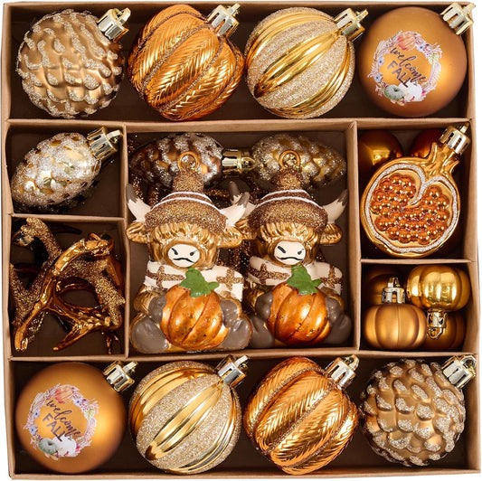Valery Madelyn Fall Ornaments Tree Decorations for Home, 30ct Highland Cow Shatterproof Fall Ornaments for Small Tree, Orange Hanging Thanksgiving Autumn Christmas Harvest Holiday Ball Pumpkin Decor