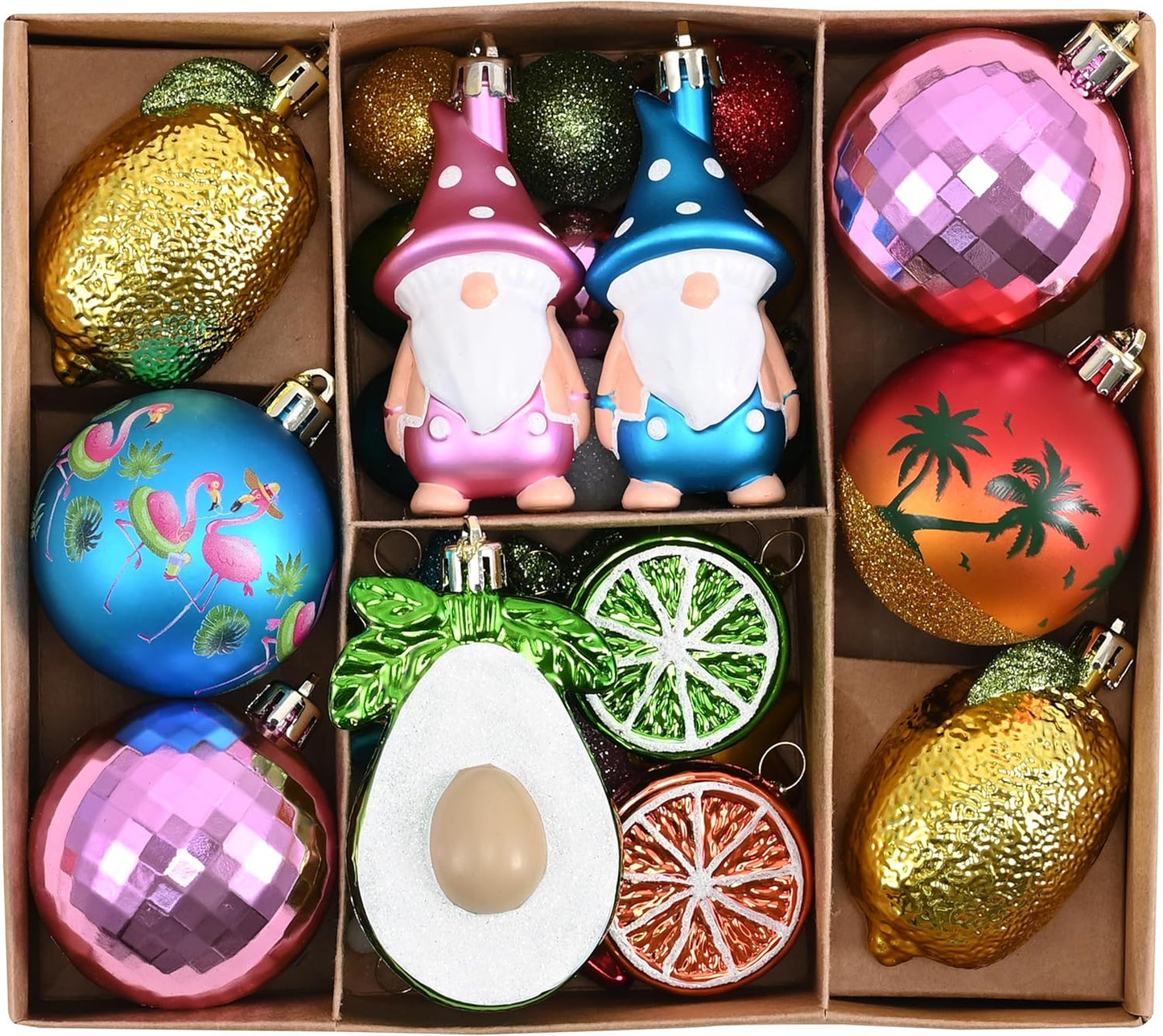 Valery Madelyn 30ct Summer Tree Ornaments Christmas in July Decorations, Coastal Beach Ocean Theme Set with Flamingo, Gnome, Avocado, Lemon & Palm Tree. Shatterproof Balls for Hawaiian Tropical Party