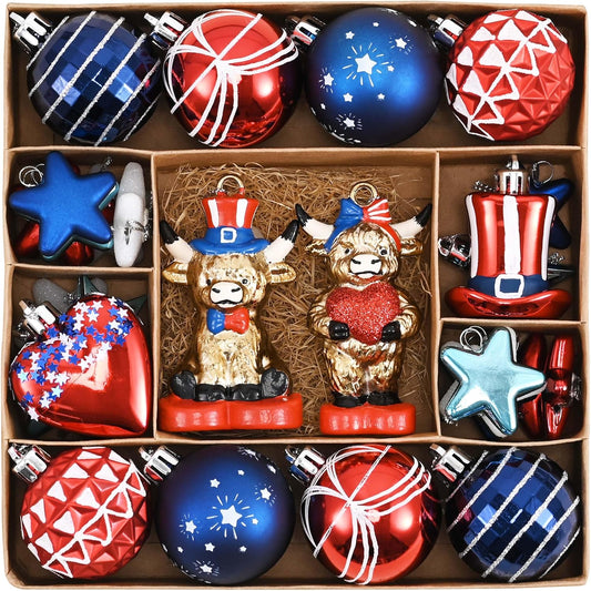 Valery Madelyn 30Pcs Patriotic Highland Cow Ornaments for Memorial Day 4th of July Tree Decorations, Red White Blue Shatterproof Americana Hanging Ball Decor for Labor Independence Day Christmas