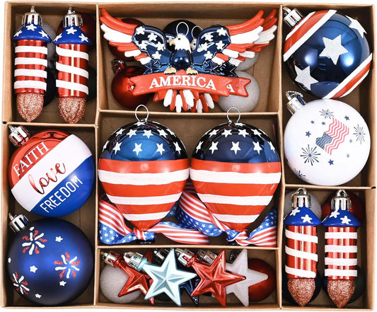 Valery Madelyn 35Pcs Patriotic Eagle Ornaments for Memorial Day 4th of July Tree Decorations, Red White Blue Shatterproof Americana Hanging Ball Decor for Labor Independence Day Christmas