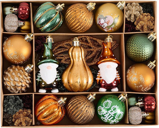 Valery Madelyn Fall Ornaments Tree Decorations for Home, 45ct Gnome Shatterproof Fall Ornaments for Small Tree, Orange Green Hanging Thanksgiving Autumn Harvest Christmas Holiday Ball Pumpkin Decor