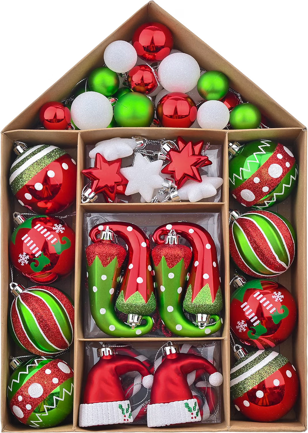 Valery Madelyn 40ct Christmas Ornaments Tree Decorations Set Elf Red Green White Shatterproof Hanging Ball Ornaments, Variety Xmas Tree Bulk Indoor Holiday Party Decor