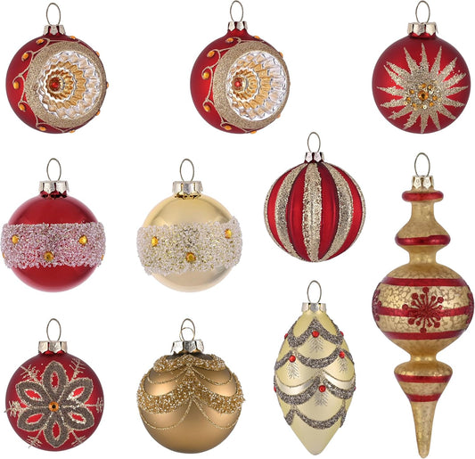 Valery Madelyn Glass Christmas Ornaments Set for Valentines Mardi Gras, 10ct Red Gold Mercury Blown Glass Christmas Tree Ball Decorations, Luxury Hanging Teardrop Finial Faceted Reflector Decor