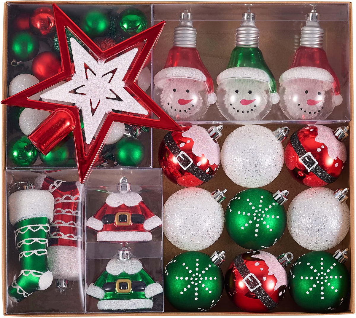 Valery Madelyn 70ct Christmas Ball Ornaments Tree Decorations Set Traditional Red Green White Shatterproof Hanging Ornaments, Variety Xmas Tree Bulk Indoor Holiday Party Decor