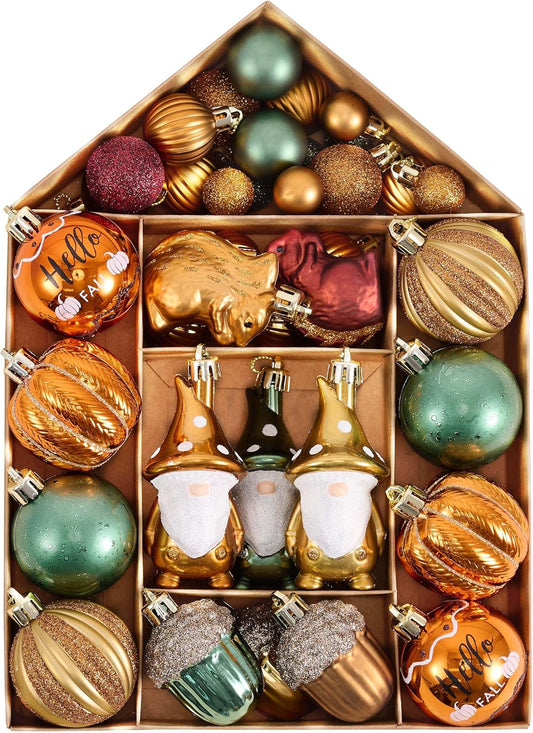 Valery Madelyn Fall Tree Decorations Ornaments for Home Indoor, 40ct Orange Green Burgundy Shatterproof Fall Hanging Decor for Small Tree Thanksgiving Autumn Christmas Ball Gnome Pumpkin Harvest
