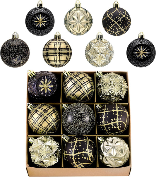 Valery Madelyn Ornaments for Christmas Trees, 9ct 2.36 Inches Black and Gold Shatterproof Christmas Tree Decorations, Luxury Hanging Ball Ornaments for Xmas Holiday Party Decor