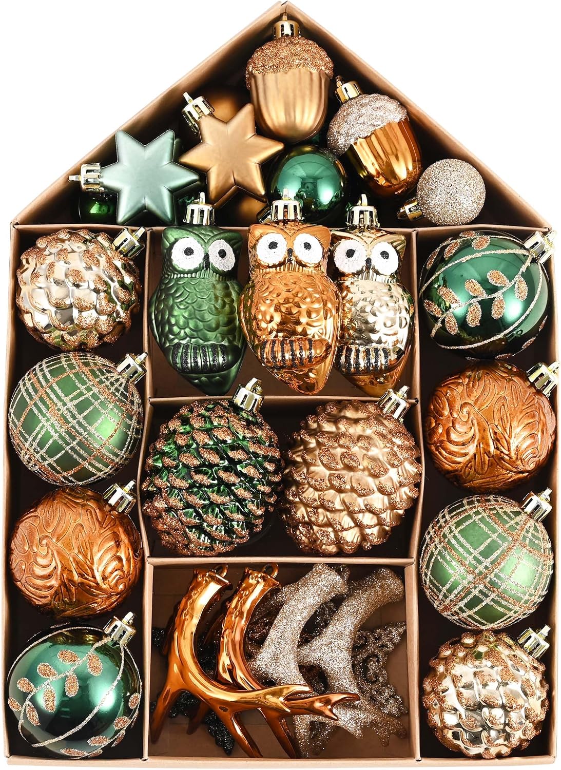 Valery Madelyn 40ct Christmas Tree Decorations Ball Ornaments Set Green Brown and Gold Shatterproof Christmas Decorations, Woodland Hanging Ornaments Bulk for Xmas Holiday Party Decor