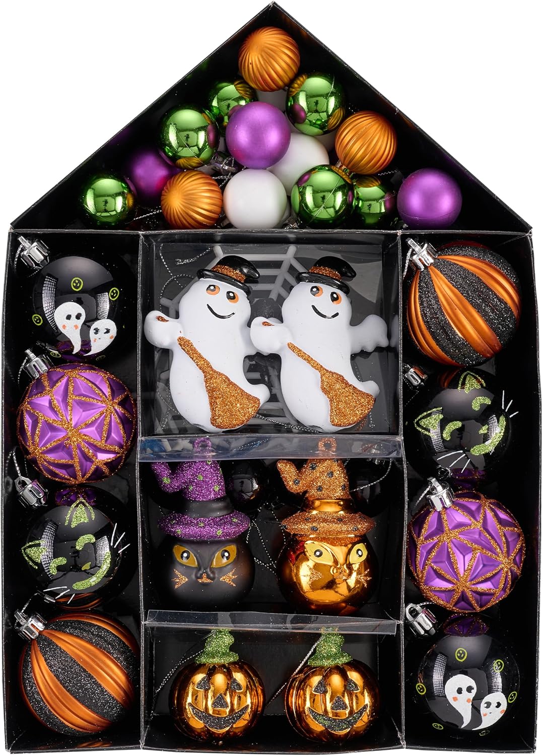 Valery Madelyn Halloween Ornaments Tree Decorations, 40ct Large Shatterproof Ghost Cat Jack-o'-Lantern Pumpkin Hanging Ball Ornaments Set for Small Tree, Cute Holiday Party Indoor Home Decor