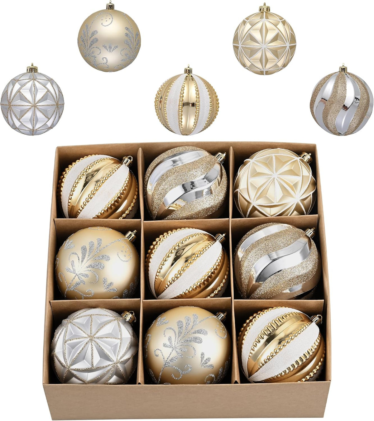 Valery Madelyn Large Christmas Tree Decorations Ball Ornaments 9ct 3.94 Inches White and Gold Shatterproof Christmas Decorations Set, Luxury Hanging Ornaments for Xmas Bulk Holiday Decor