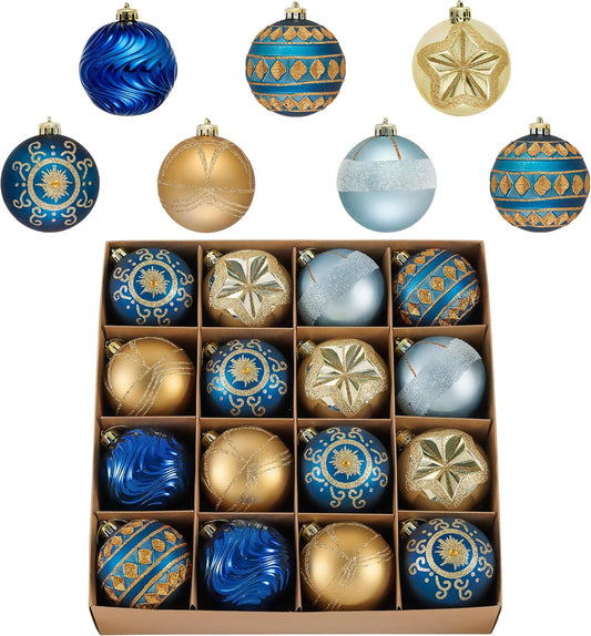 Valery Madelyn Ornaments for Christmas Tree Decorations, 16ct 2.36 Inches Blue and Gold Shatterproof Christmas Ornaments Set Bulk, Luxury Hanging Decor for Xmas Party Holiday