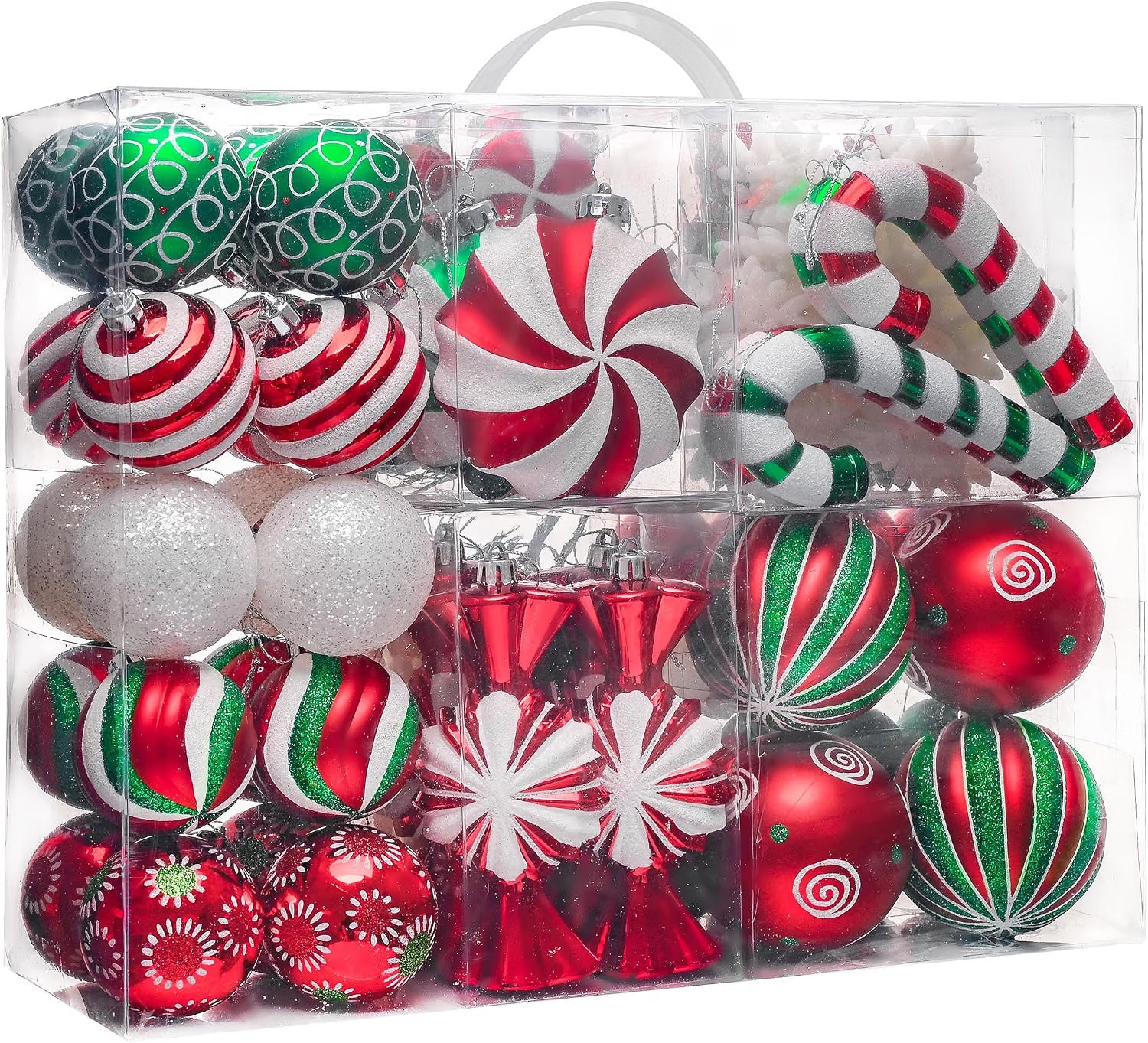Valery Madelyn 108ct Christmas Ornaments Tree Decorations Set Candy Cane Red Green White Shatterproof Hanging Ball Ornaments, Variety Xmas Tree Bulk Indoor Holiday Party Decor