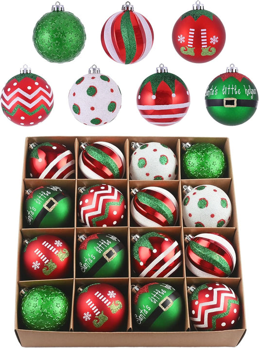 Valery Madelyn Christmas Ornaments Tree Decorations, 16ct Elf Red Green White Shatterproof Christmas Ball Ornaments Set, 2.36 Inch Decorative Hanging Ornament Bulk for Xmas Holiday Party Decor