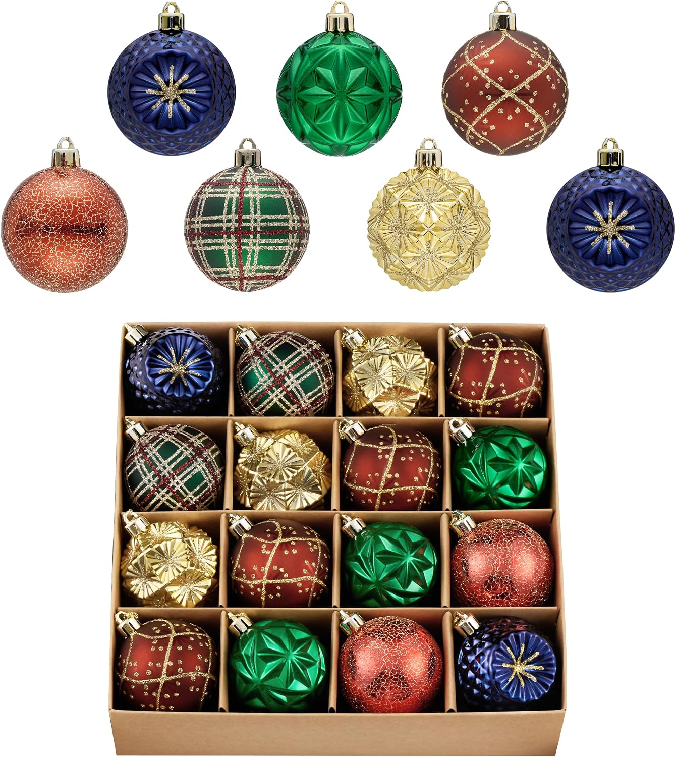 Valery Madelyn 16ct Christmas Tree Decorations Ball Ornaments 2 Inches Red Green and Gold Shatterproof Christmas Tree Decorations, Luxury Hanging Ornaments for Xmas Holiday Party Decor