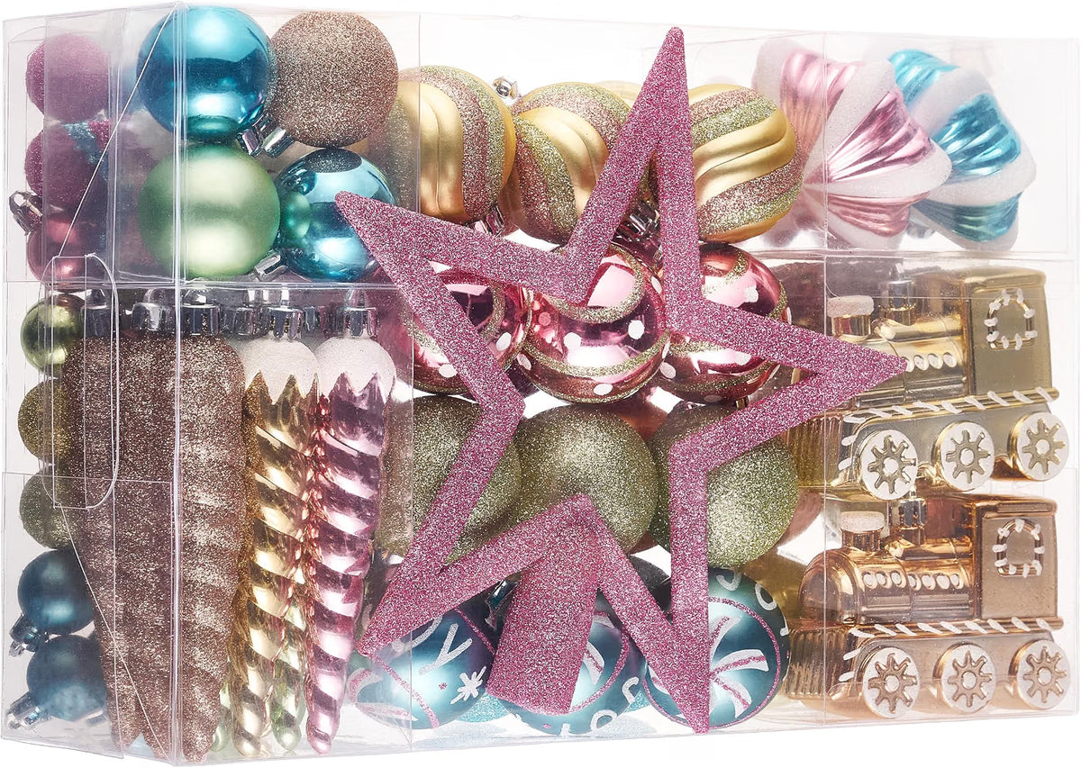 Valery Madelyn 100ct Christmas Ornaments Tree Decorations Set Candyland Macaron Pastel Shatterproof Hanging Ball Ornaments, Whimsical Variety Xmas Tree Bulk Indoor Holiday Party Decor