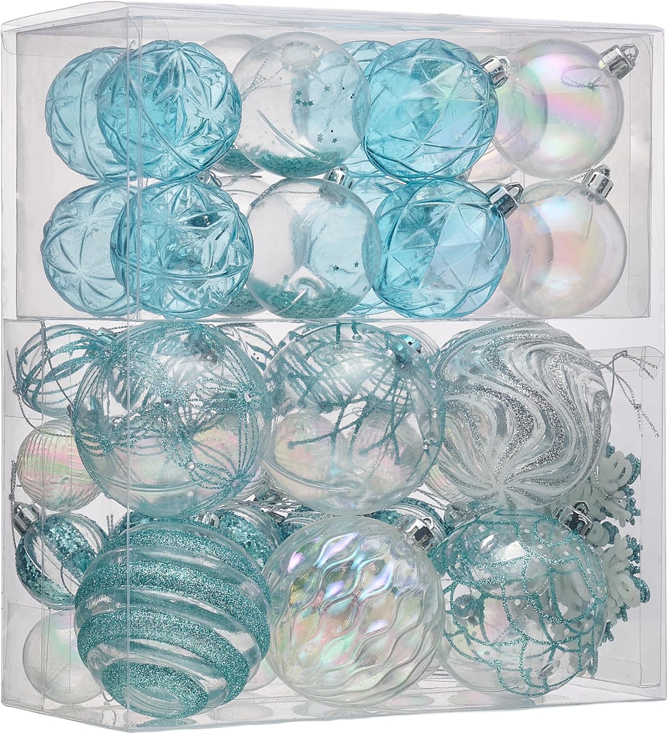 Valery Madelyn Christmas Tree Ornaments Set, 50ct Light Blue Silver Shatterproof Christmas Decorations, Transparent Clear Summer Beach Coastal Ocean Nautical Marine Hanging Balls Xmas Holiday Decor