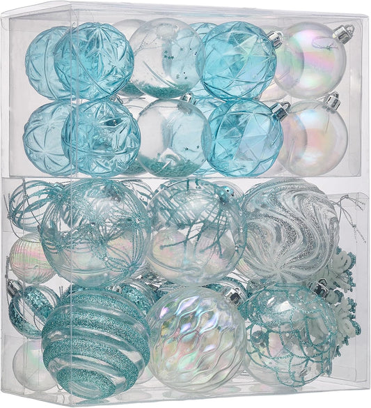Valery Madelyn Christmas Tree Ornaments Set, 50ct Light Blue Silver Shatterproof Christmas Decorations, Transparent Clear Summer Beach Coastal Ocean Nautical Marine Hanging Balls Xmas Holiday Decor