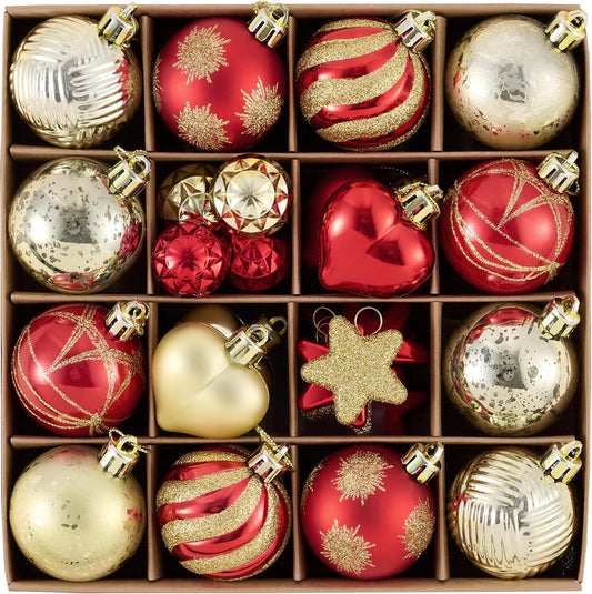 Valery Madelyn 28Pcs Christmas Heart Shaped Ornaments Gift Pack, Red and Gold Craft Painted Tree Heart Decorations, Christmas Baubles Hanging Indoor Holiday Party Xmas Decor