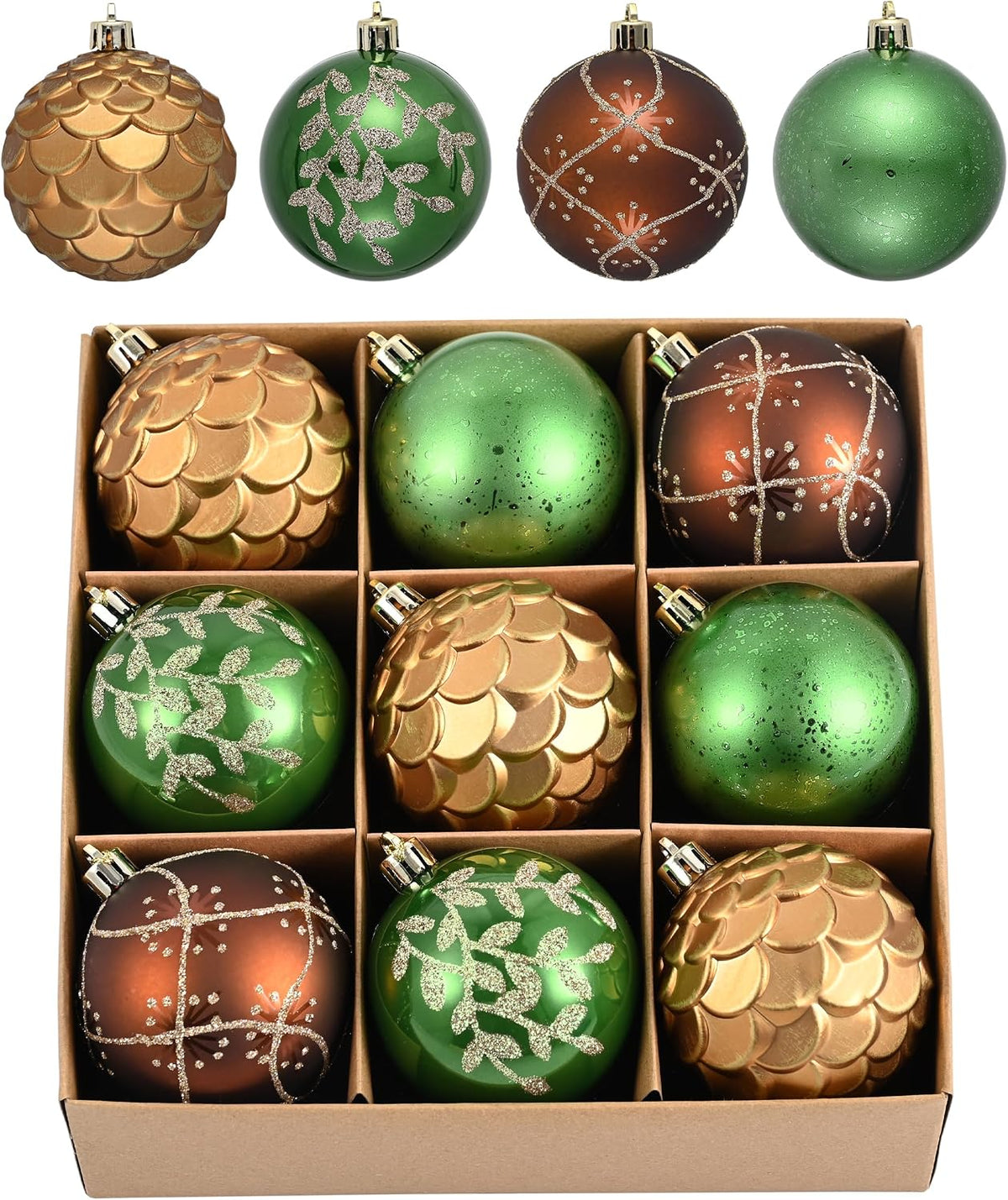 Valery Madelyn 9ct Christmas Tree Decorations Ball Ornaments 2.76 Inches Green Brown and Gold Shatterproof Christmas Tree Decorations, Woodland Bronze Hanging Ball Bulk for Xmas Holiday Party Decor