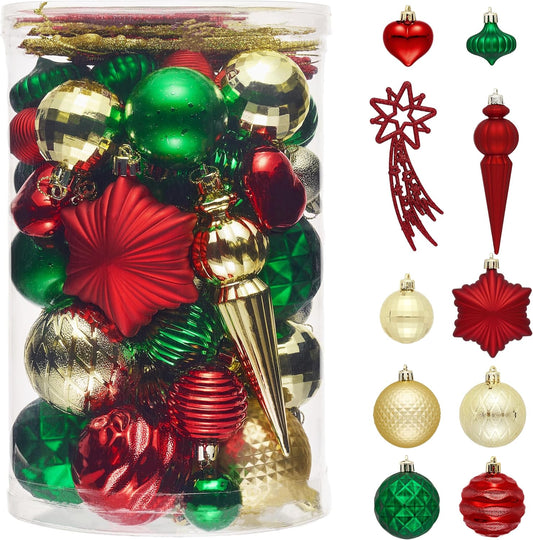 Valery Madelyn 60ct Christmas Tree Decorations Ball Ornament Set, Red Green Gold Shatterproof Hanging Ornaments Bulk for Xmas Holiday Party Decor