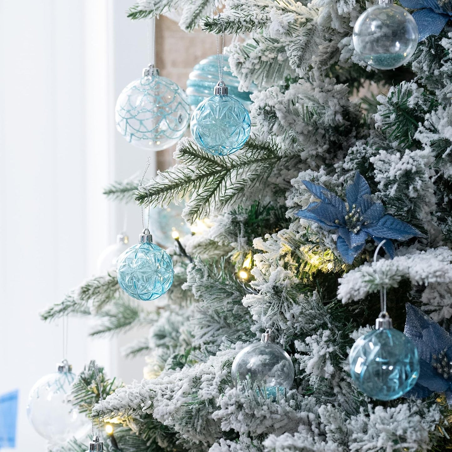 Valery Madelyn Christmas Tree Ornaments Set, 50ct Light Blue Silver Shatterproof Christmas Decorations, Transparent Clear Summer Beach Coastal Ocean Nautical Marine Hanging Balls Xmas Holiday Decor