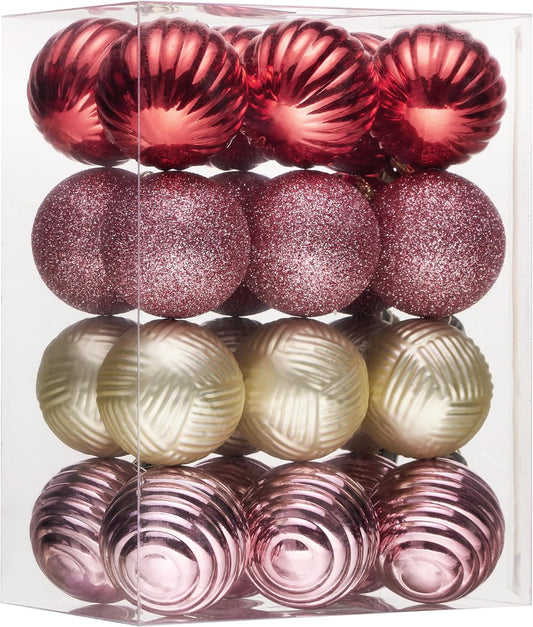 Valery Madelyn 1.6" Christmas Ornaments Tree Decorations, 24ct Pink Red and Gold Shatterproof Christmas Ball Ornament Set, Hanging Ornament for Valentines Day, Mardi Gras, St Patricks Day Decor