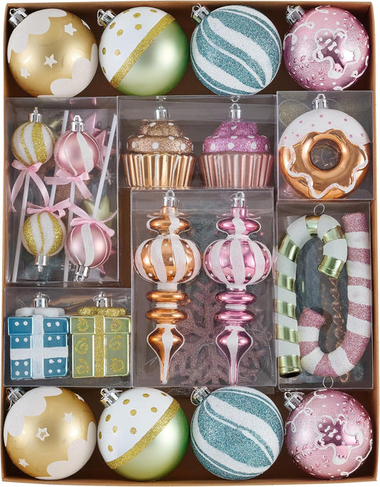Valery Madelyn Christmas Ball Ornaments Set, 80ct Colorful Macaron Pastel Shatterproof Christmas Tree Decorations, Variety Decorative Hanging Ornaments Bulk for Xmas Holiday Party Decor