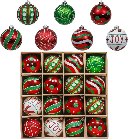 Valery Madelyn Christmas Ornaments Set, 16ct Red Green White Shatterproof Christmas Tree Decorations Ball Ornaments Bulk, 2.36 Inch Hanging Ornaments for Xmas Trees Holiday Party Decor