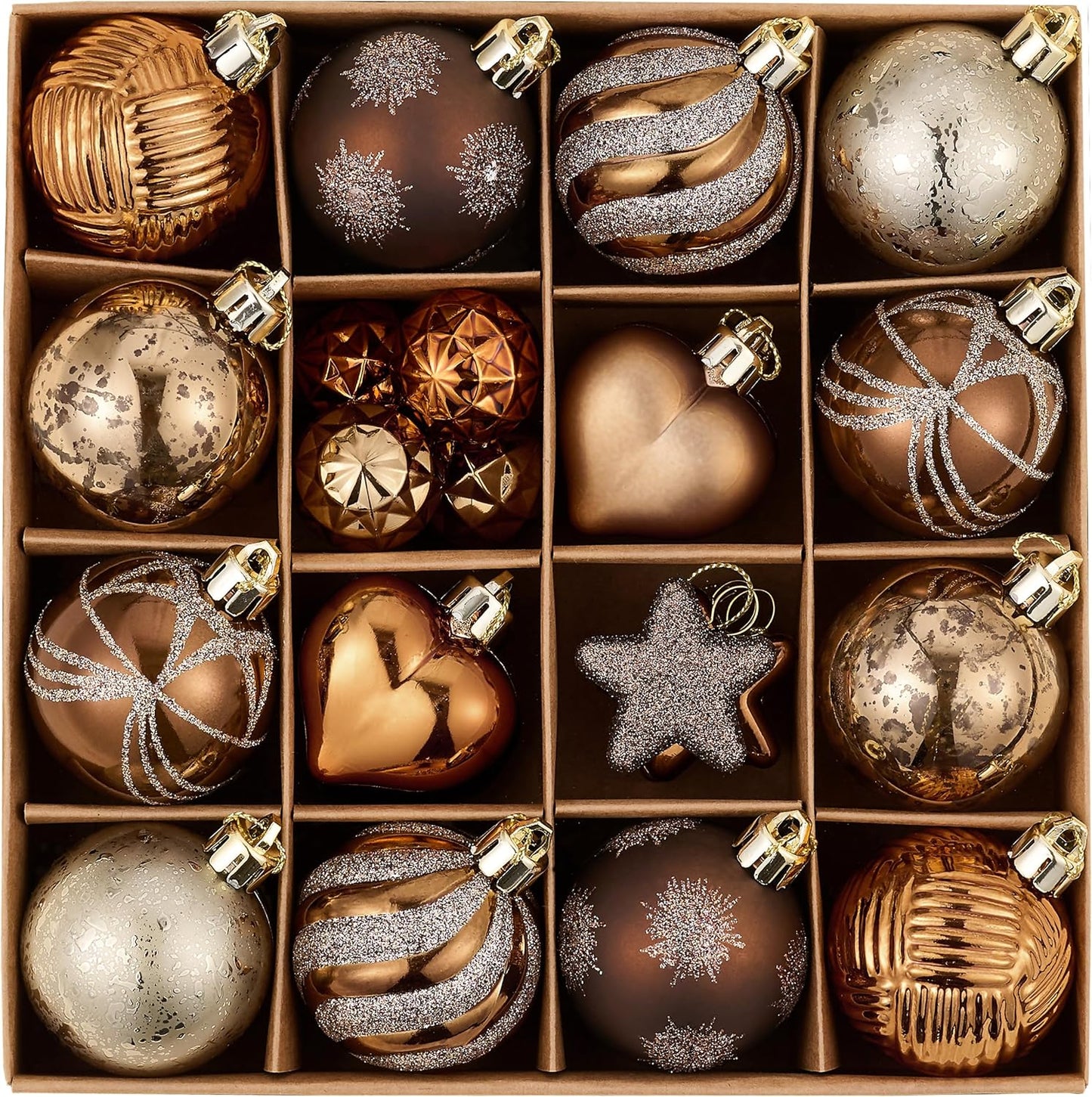 Valery Madelyn 28Pcs Christmas Heart Shaped Ornaments Gift Pack, Bronze Copper Gold Craft Painted Tree Heart Decorations, Christmas Baubles Hanging Indoor Holiday Party Xmas Decor