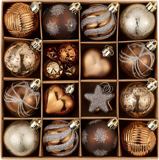 Valery Madelyn 28Pcs Christmas Heart Shaped Ornaments Gift Pack, Bronze Copper Gold Craft Painted Tree Heart Decorations, Christmas Baubles Hanging Indoor Holiday Party Xmas Decor