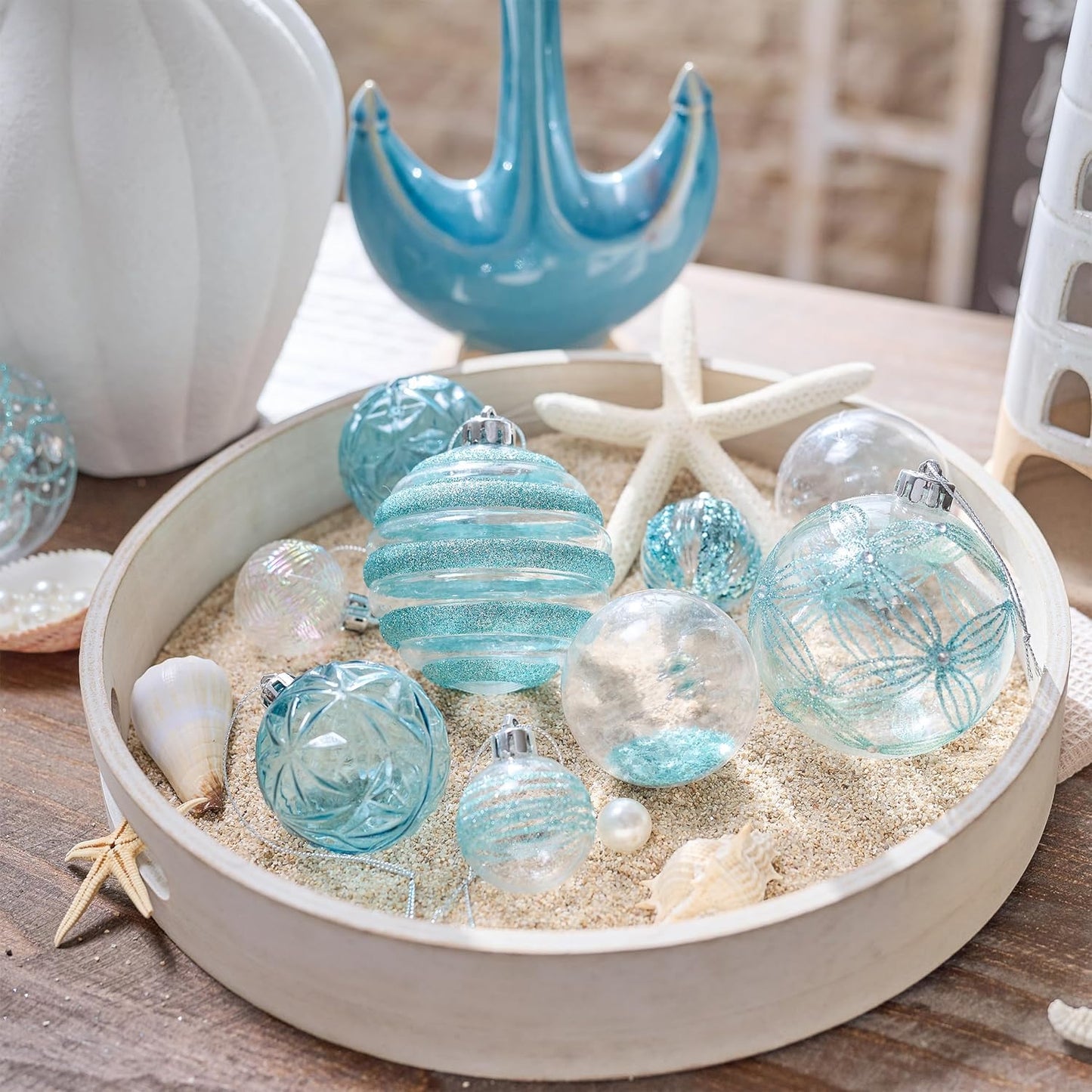 Valery Madelyn Christmas Tree Ornaments Set, 50ct Light Blue Silver Shatterproof Christmas Decorations, Transparent Clear Summer Beach Coastal Ocean Nautical Marine Hanging Balls Xmas Holiday Decor