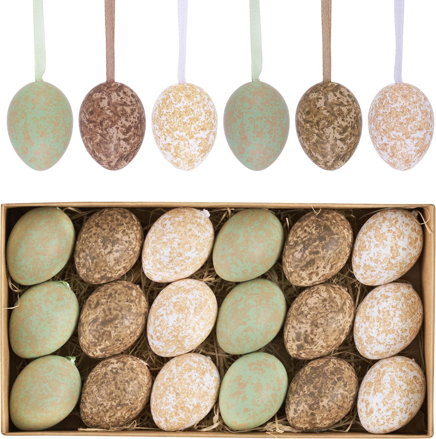 Valery Madelyn 18Pcs Easter Eggs Ornaments for Small Tree Decorations, 1.57" Neutral Brown Green Plastic Easter Eggs Bulk, Shatterproof Decorative Hanging Egg Decorations Spring Party Decor