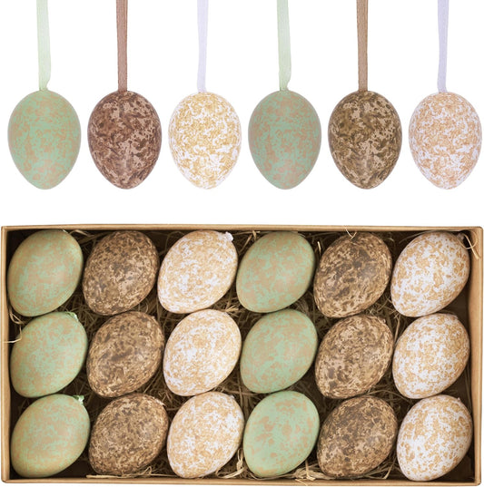 Valery Madelyn 18Pcs Easter Eggs Ornaments for Small Tree Decorations, 1.57" Neutral Brown Green Plastic Easter Eggs Bulk, Shatterproof Decorative Hanging Egg Decorations Spring Party Decor