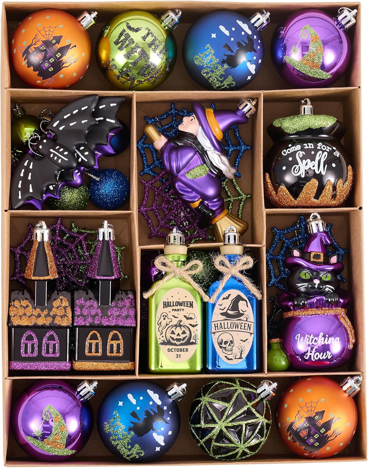 Valery Madelyn 50ct Halloween Ornaments Tree Decorations, Shatterproof Magic Witch Black Cat Cauldron Haunted House Hanging Ball Ornaments Set for Small Tree, Whimsical Holiday Party Indoor Home Decor