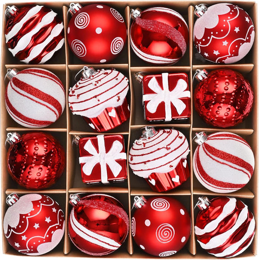 Valery Madelyn Christmas Ornaments Set, 16ct Candy Cane Red and White Shatterproof Christmas Tree Decorations Bulk, 2.36 Inch Sweet Hanging Ball Ornaments for Xmas Trees Holiday Party Decor