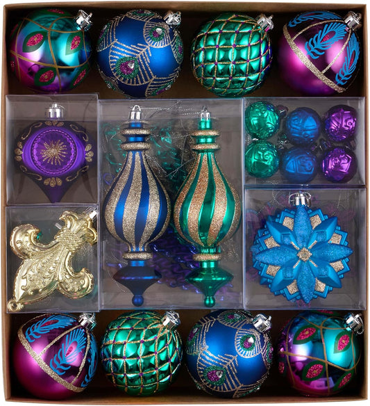 Valery Madelyn Christmas Ball Ornaments, 60ct Peacock Blue Purple Green Shatterproof Christmas Tree Decorations Set, Decorative Hanging Ornaments Bulk for Xmas Holiday Party Decor
