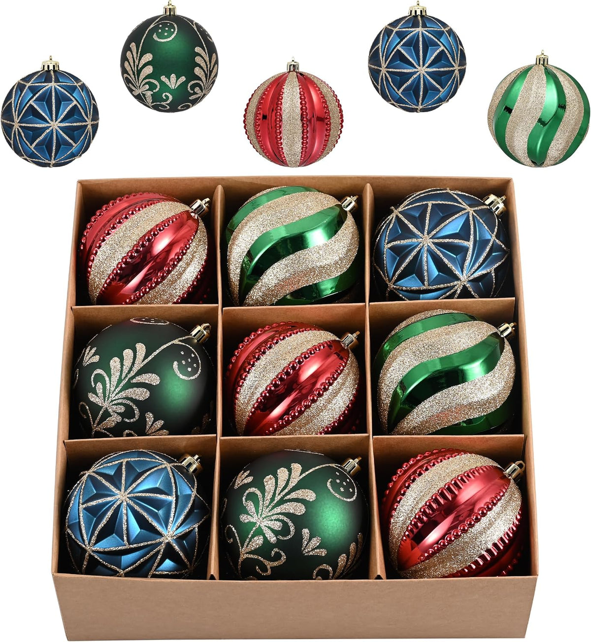 Valery Madelyn Large Christmas Tree Decorations Ball Ornaments 9ct 3.94 Inches Red Green and Gold Shatterproof Christmas Decorations Set, Luxury Hanging Ornaments for Xmas Bulk Holiday Decor