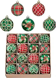 Valery Madelyn 16ct Christmas Ball Ornaments Set, Red Green and Gold Shatterproof Hanging Decorations for Trees, 2.36 Inches