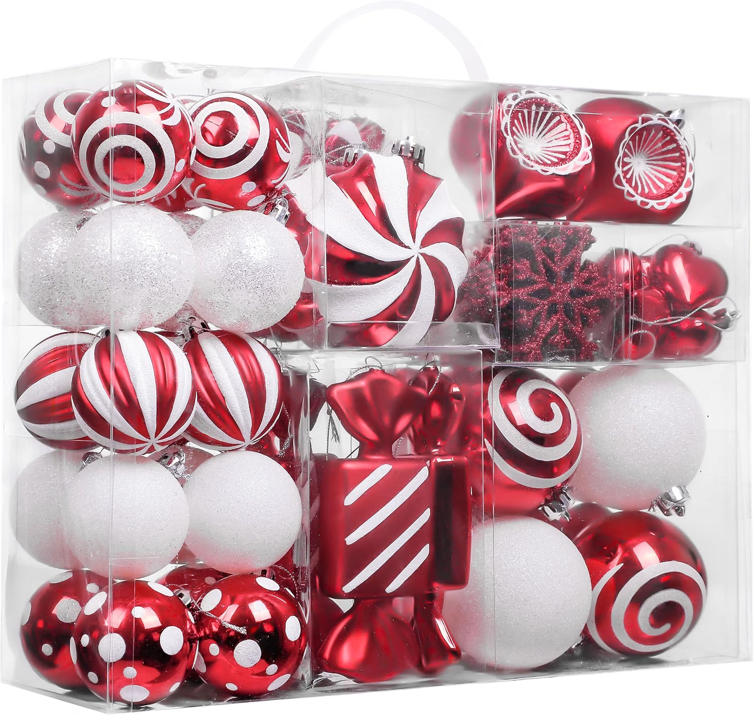 Valery Madelyn 108ct Christmas Ornaments Tree Decorations Set Candy Cane Red and White Shatterproof Hanging Ball Ornaments, Variety Xmas Tree Bulk Indoor Holiday Party Decor